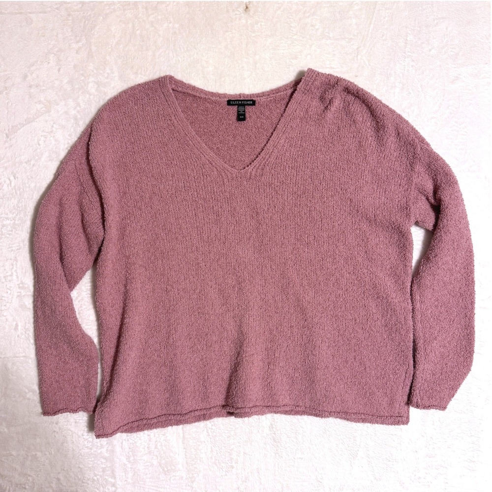 Eileen Fisher Mauve Organic Cotton Cashmere Blend V-Neck Textured Sweater M $268